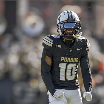 Nov 2, 2024; West Lafayette, Indiana, USA; Purdue Boilermakers defensive back Kyndrich Breedlove (10) celebrates a tackle during the second half against the Northwestern Wildcats at Ross-Ade Stadium. Mandatory Credit: Marc Lebryk-Imagn Images