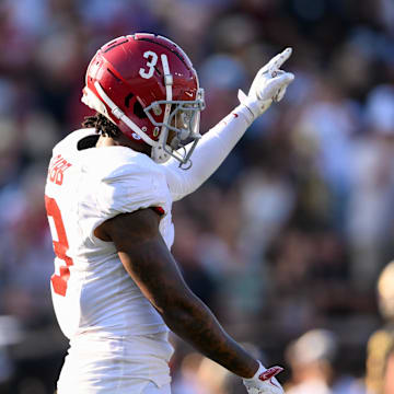 Oct 5, 2024; Nashville, Tennessee, USA;  Alabama Crimson Tide defensive back Keon Sabb (3) points after Vanderbilt Commodores comes up short on 3rd down during the first half at FirstBank Stadium. Mandatory Credit: Steve Roberts-Imagn Images