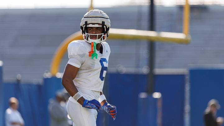 Florida Gators wide receiver Dallas Wilson (6) waits for a drill to start during spring football practice at Heavener Football Complex at the University of Florida in Gainesville, FL on Tuesday, March 11, 2025. [Matt Pendleton/Gainesville Sun]