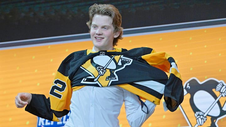 Jul 7, 2022; Montreal, Quebec, CANADA; Owen Pickering after being selected as the number twenty-one overall pick to the Pittsburgh Penguins in the first round of the 2022 NHL Draft at Bell Centre.