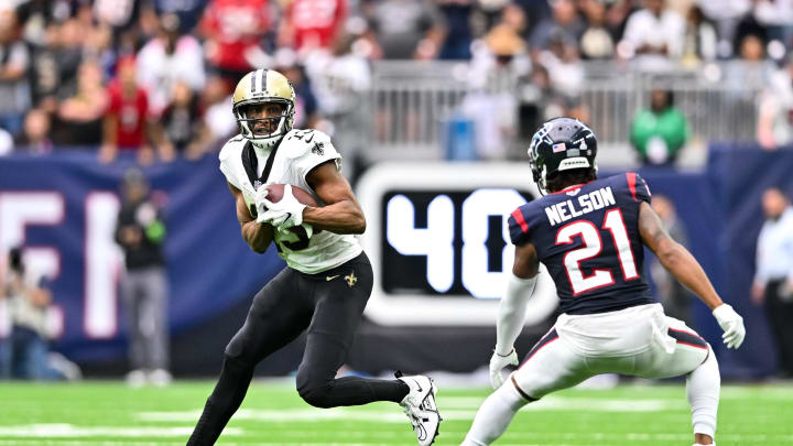 Oct 15, 2023; Houston, Texas, USA; New Orleans Saints wide receiver Michael Thomas (13) catches a pass during the fourth quarter against the Houston Texans at NRG Stadium. Mandatory Credit: Maria Lysaker-USA TODAY Sports