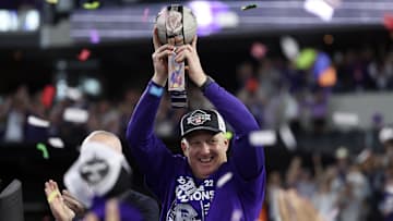Dec 3, 2022; Arlington, TX, USA;  Kansas State Wildcats head coach Chris Klieman holds up the Big 12 Championship trophy after the game against the TCU Horned Frogs at AT&T Stadium. Mandatory Credit: Kevin Jairaj-USA TODAY Sports