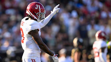 Oct 5, 2024; Nashville, Tennessee, USA;  Alabama Crimson Tide defensive back Keon Sabb (3) points after Vanderbilt Commodores comes up short on 3rd down during the first half at FirstBank Stadium. Mandatory Credit: Steve Roberts-Imagn Images