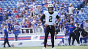Sep 28, 2025; Orchard Park, New York, USA; New Orleans Saints quarterback Spencer Rattler (2) warms up before a game against the Buffalo Bills at Highmark Stadium. Mandatory Credit: Gregory Fisher-Imagn Images