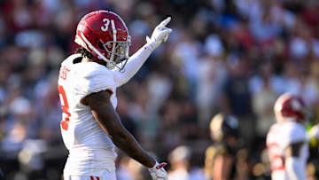 Oct 5, 2024; Nashville, Tennessee, USA;  Alabama Crimson Tide defensive back Keon Sabb (3) points after Vanderbilt Commodores comes up short on 3rd down during the first half at FirstBank Stadium. Mandatory Credit: Steve Roberts-Imagn Images