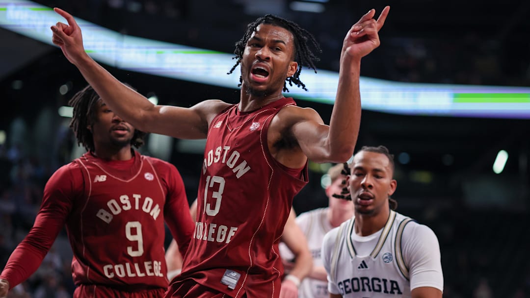 Jan 3, 2026; Atlanta, Georgia, USA; Boston College Eagles guard Donald Hand Jr. (13) reacts after a ball goes out of bounds against the Georgia Tech Yellow Jackets in the second half at McCamish Pavilion. Mandatory Credit: Brett Davis-Imagn Images