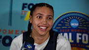 Apr 5, 2025; Tampa, FL, USA; UConn Huskies guard Azzi Fudd (35) talks to media before the NCAA Woman’s Final practice at Amalie Arena. Mandatory Credit: Nathan Ray Seebeck-Imagn Images