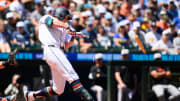 Seattle Mariners left fielder Luke Raley (20) breaks his bat on a ground out during the first inning against the Baltimore Orioles at T-Mobile Park on July 4.