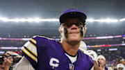 Sep 14, 2025; Minneapolis, Minnesota, USA; Minnesota Vikings quarterback J.J. McCarthy (9) reacts after the game against the Atlanta Falcons at U.S. Bank Stadium. Mandatory Credit: Matt Krohn-Imagn Images
