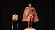 Feb 3, 2018; Minneapolis, MN, USA; Walter Payton NFL Man of the Year trophy and the NFL Honors trophy during media availabilities during the NFL Honors show at Cyrus Northrop Memorial Auditorium at the University of Minnesota. Mandatory Credit: Kirby Lee-Imagn Images