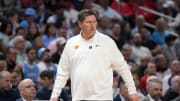 Mar 28, 2024; Los Angeles, CA, USA; Clemson Tigers head coach Brad Brownell looks on in the first