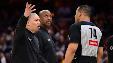 Mar 30, 2025; Cleveland, Ohio, USA; Los Angeles Clippers head coach Tyronn Lue argues with referee Curtis Blair (74) during the second half against the Cleveland Cavaliers at Rocket Arena. Mandatory Credit: Ken Blaze-Imagn Images