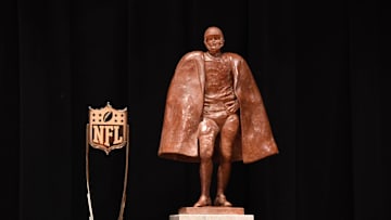 Feb 3, 2018; Minneapolis, MN, USA; Walter Payton NFL Man of the Year trophy and the NFL Honors trophy during media availabilities during the NFL Honors show at Cyrus Northrop Memorial Auditorium at the University of Minnesota. Mandatory Credit: Kirby Lee-Imagn Images
