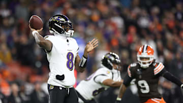 Nov 16, 2025; Cleveland, Ohio, USA; Baltimore Ravens quarterback Lamar Jackson (8) throws downfield during the second quarter against the Cleveland Browns at Huntington Bank Field. Mandatory Credit: Scott Galvin-Imagn Images