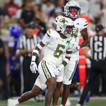 Aug 31, 2024; Atlanta, Georgia, USA; Georgia Tech Yellow Jackets defensive back Rodney Shelley (6) reacts after a touchdown run against Georgia State Panthers in the first quarter at Bobby Dodd Stadium at Hyundai Field. Mandatory Credit: Brett Davis-Imagn Images