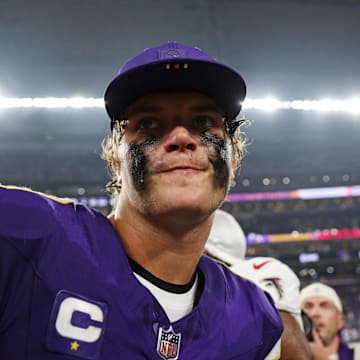 Sep 14, 2025; Minneapolis, Minnesota, USA; Minnesota Vikings quarterback J.J. McCarthy (9) reacts after the game against the Atlanta Falcons at U.S. Bank Stadium. Mandatory Credit: Matt Krohn-Imagn Images