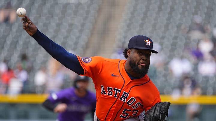 Apr 8, 2026; Denver, Colorado, USA; Houston Astros starting pitcher Cristian Javier (53) delivers a pitch in the first inning against the Colorado Rockies at Coors Field. Mandatory Credit: Ron Chenoy-Imagn Images