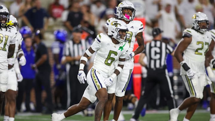 Aug 31, 2024; Atlanta, Georgia, USA; Georgia Tech Yellow Jackets defensive back Rodney Shelley (6) reacts after a touchdown run against Georgia State Panthers in the first quarter at Bobby Dodd Stadium at Hyundai Field. Mandatory Credit: Brett Davis-Imagn Images