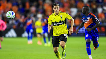 Oct 27, 2025; Cincinnati, Ohio, USA; Columbus Crew defender Malte Amundsen (18) runs after the ball in the second half against FC Cincinnati at TQL Stadium. Mandatory Credit: Katie Stratman-Imagn Images