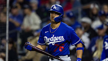 Surprise, Arizona, USA; Los Angeles Dodgers catcher Diego Cartaya against the Kansas City Royals during a spring training game at Surprise Stadium.