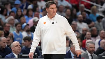 Mar 28, 2024; Los Angeles, CA, USA; Clemson Tigers head coach Brad Brownell looks on in the first half against the Arizona Wildcats in the semifinals of the West Regional of the 2024 NCAA Tournament at Crypto.com Arena.