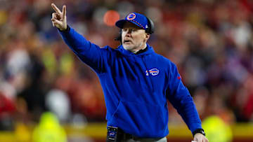 Jan 26, 2025; Kansas City, MO, USA; Buffalo Bills head coach Sean McDermott against the Kansas City Chiefs during the AFC Championship game at GEHA Field at Arrowhead Stadium. Mandatory Credit: Mark J. Rebilas-Imagn Images
