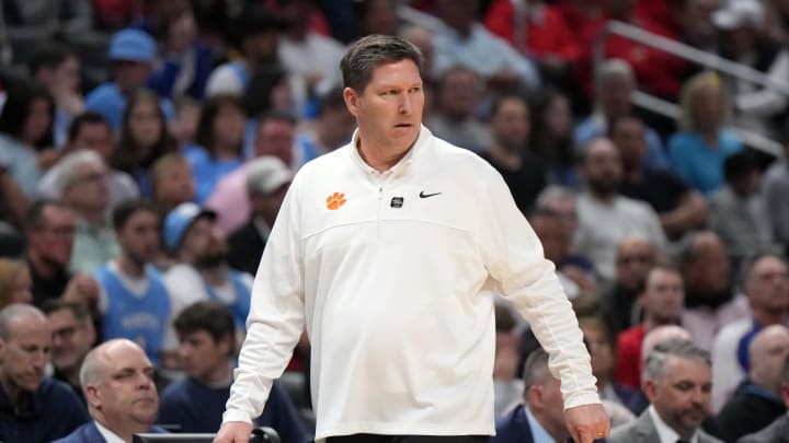 Mar 28, 2024; Los Angeles, CA, USA; Clemson Tigers head coach Brad Brownell looks on in the first half against the Arizona Wildcats in the semifinals of the West Regional of the 2024 NCAA Tournament at Crypto.com Arena. Mandatory Credit: Kirby Lee-USA TODAY Sports