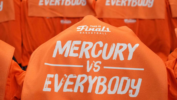 T-shirts await the fans on seats in the Mortgage Matchup Center for Game 3 of the WNBA Finals where the Phoenix Mercury wil play against the Las Vegas Aces in Phoenix on Oct. 8, 2025.