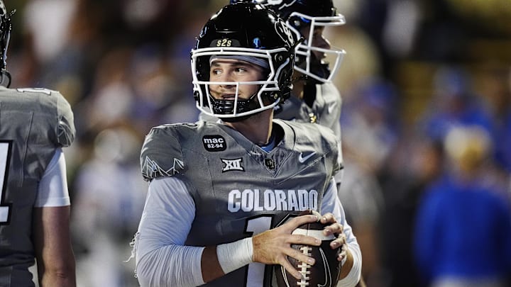 Sep 27, 2025; Boulder, Colorado, USA; Colorado Buffaloes quarterback Ryan Staub (16) before the game against the Brigham Young Cougars at Folsom Field. Mandatory Credit: Ron Chenoy-Imagn Images