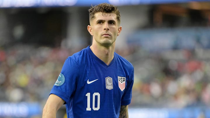 Mar 20, 2025; Inglewood, California, USA; United States of America forward Christian Pulisic (10) reacts against Panama during the second half of a Concacaf Nations League semifinal match at SoFi Stadium.