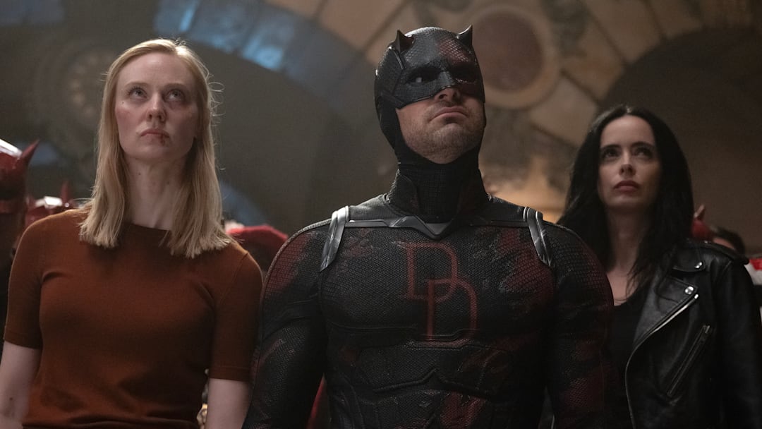 (L-R) Karen Page (Deborah Ann Woll), Matt Murdock/Daredevil (Charlie Cox) and Jessica Jones (Krysten Ritter) in Marvel Television's DAREDEVIL: BORN AGAIN SEASON 2, exclusively on Disney+. 