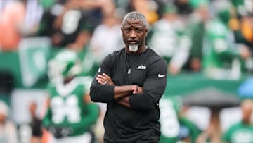 Sep 7, 2025; East Rutherford, New Jersey, USA; New York Jets head coach Aaron Glenn looks on before the game against the Pittsburgh Steelers at MetLife Stadium. Mandatory Credit: Vincent Carchietta-Imagn Images