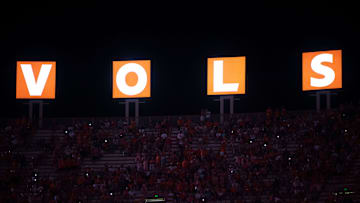 The VOLS letters are lit up during halftime during football game between Tennessee and Ball State at Neyland Stadium in Knoxville, Tenn. on Thursday, Sept. 1, 2022.