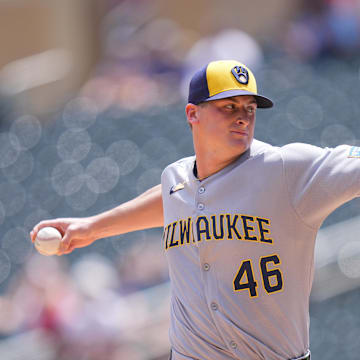 Milwaukee Brewers pitcher Quinn Priester (46) pitches against the Minnesota Twins in the first inning at Target Field on June 22. 