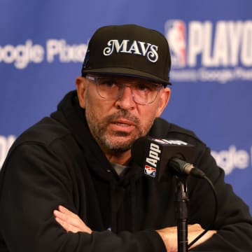 Apr 23, 2024; Los Angeles, California, USA; Dallas Mavericks head coach Jason Kidd speaks to media prior to the game two of the first round for the 2024 NBA playoffs against the Los Angeles Clippers at Crypto.com Arena. Mandatory Credit: Kiyoshi Mio-USA TODAY Sports