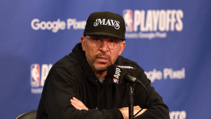 Apr 23, 2024; Los Angeles, California, USA; Dallas Mavericks head coach Jason Kidd speaks to media prior to the game two of the first round for the 2024 NBA playoffs against the Los Angeles Clippers at Crypto.com Arena. Mandatory Credit: Kiyoshi Mio-USA TODAY Sports