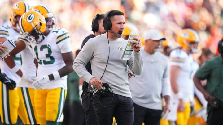 Green Bay Packers coach Matt LaFleur calls a play during last year's loss at the Denver Broncos.