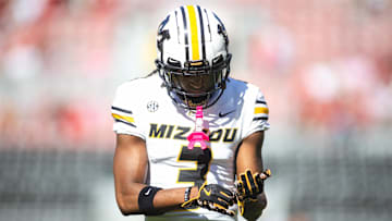 Oct 26, 2024; Tuscaloosa, Alabama, USA; Missouri Tigers wide receiver Luther Burden III (3) walks along the field during warmups before a game against the Alabama Crimson Tide at Bryant-Denny Stadium. Mandatory Credit: Will McLelland-Imagn Images