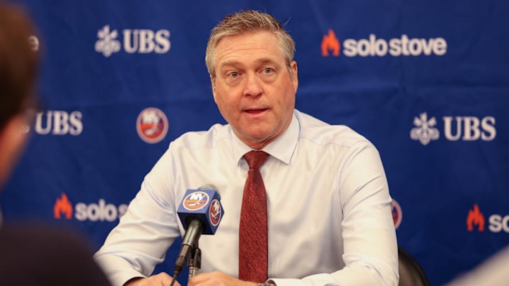 Mar 1, 2025; Elmont, New York, USA; New York Islanders head coach Patrick Roy addresses the media during a pregame press conference before the game against the Nashville Predators at UBS Arena. Mandatory Credit: Thomas Salus-Imagn Images Mar 1, 2025; Elmont, New York, USA; New York Islanders head coach Patrick Roy addresses the media during a pregame press conference before the game against the Nashville Predators at UBS Arena. Mandatory Credit: Thomas Salus-Imagn Images