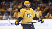 Oct 26, 2024; Nashville, Tennessee, USA; Nashville Predators center Steven Stamkos (91) waits for a face-off against the Columbus Blue Jackets late in the first period at Bridgestone Arena. Mandatory Credit: Casey Gower-Imagn Images