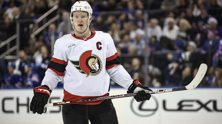 Nov 1, 2024; New York, New York, USA;  Ottawa Senators left wing Brady Tkachuk (7) prepares for a faceoff in the third period against the New York Rangers at Madison Square Garden.