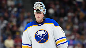 Nov 13, 2025; Denver, Colorado, USA; Buffalo Sabres goaltender Ukko-Pekka Luukkonen (1) during the second period against the Colorado Avalanche at Ball Arena. Mandatory Credit: Ron Chenoy-Imagn Images