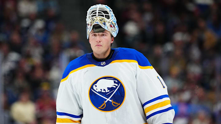 Nov 13, 2025; Denver, Colorado, USA; Buffalo Sabres goaltender Ukko-Pekka Luukkonen (1) during the second period against the Colorado Avalanche at Ball Arena. Mandatory Credit: Ron Chenoy-Imagn Images