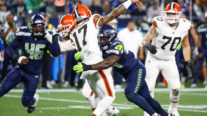 Aug 24, 2024; Seattle, Washington, USA; Seattle Seahawks linebacker Jamie Sheriff (44) pressures Cleveland Browns quarterback Dorian Thompson-Robinson (17) during the second quarter at Lumen Field.