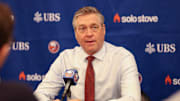 Mar 1, 2025; Elmont, New York, USA;  New York Islanders head coach Patrick Roy addresses the media during a pregame press conference before the game against the Nashville Predators at UBS Arena. Mandatory Credit: Thomas Salus-Imagn Images