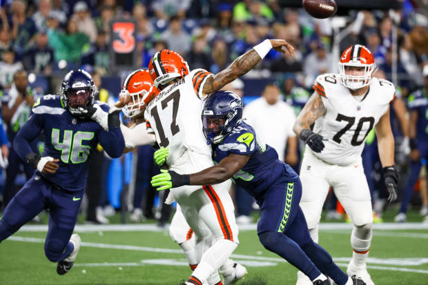 Seattle Seahawks linebacker Jamie Sheriff (44) pressures Cleveland Browns quarterback Dorian Thompson-Robinson (17).