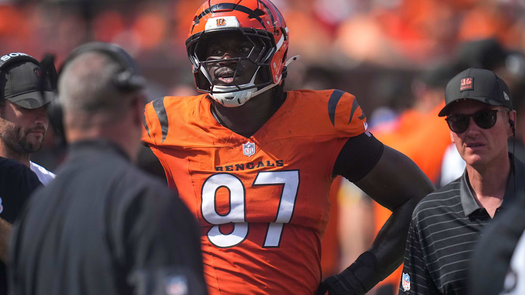 Cincinnati Bengals defensive end Shemar Stewart (97) walks for the injury tent in the fourth quarter of the NFL Week 2 game between the Cincinnati Bengals and the Jacksonville Jaguars at Paycor Stadium in downtown Cincinnati on Sunday, Sept. 14, 2025. The Bengals came back from a halftime deficit to win 31-27.