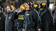 Nov 29, 2024; Iowa City, Iowa, USA; Iowa Hawkeyes head coach Kirk Ferentz reacts during the second quarter against the Nebraska Cornhuskers at Kinnick Stadium. Mandatory Credit: Jeffrey Becker-Imagn Images