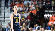 Indiana Fever guard Caitlin Clark (22) looks at the video board in the fourth quarter against Connecticut Sun during game one of the first round of the 2024 WNBA Playoffs at Mohegan Sun Arena. 