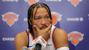 Sep 23, 2025; New York, NY, USA; New York Knicks guard Jalen Brunson speaks to the media during a media day press conference at the Madison Square Garden training center. Mandatory Credit: Brad Penner-Imagn Images